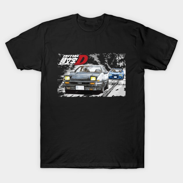 Initial D - Mountain Drift Racing Tandem Takumi Fujiwara AE86 vs Bunta Fujiwara GC8 STi Chase T-Shirt by cowtown_cowboy